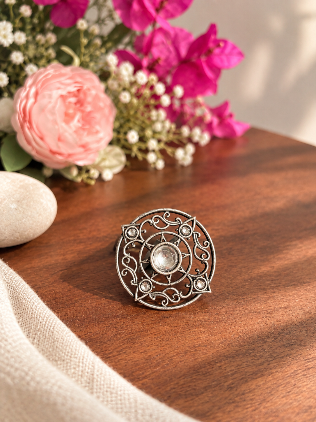 Angakh Oxidised silver  Vintage Circular Scrollwork Statement Ring
