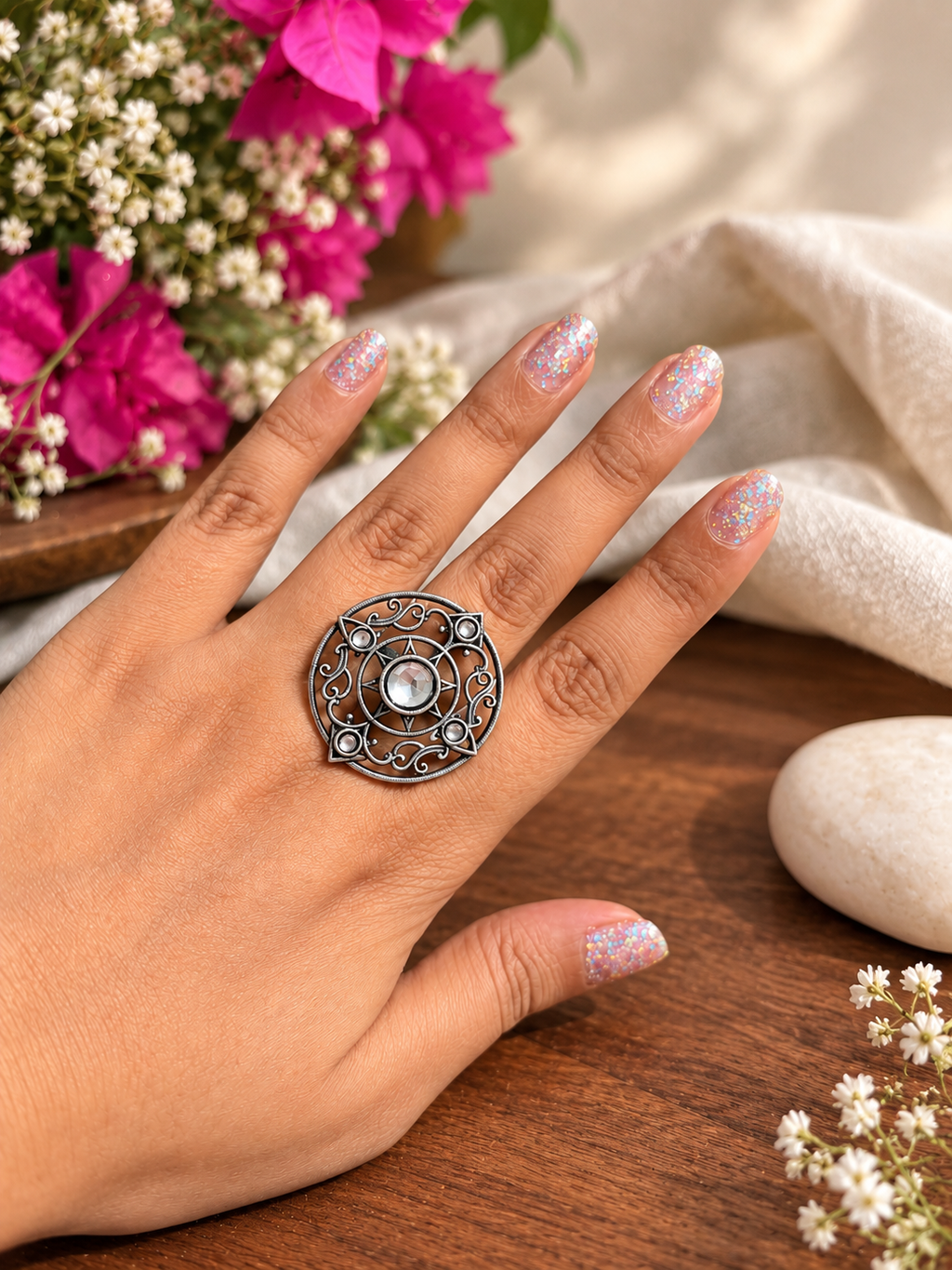Angakh Oxidised silver  Vintage Circular Scrollwork Statement Ring