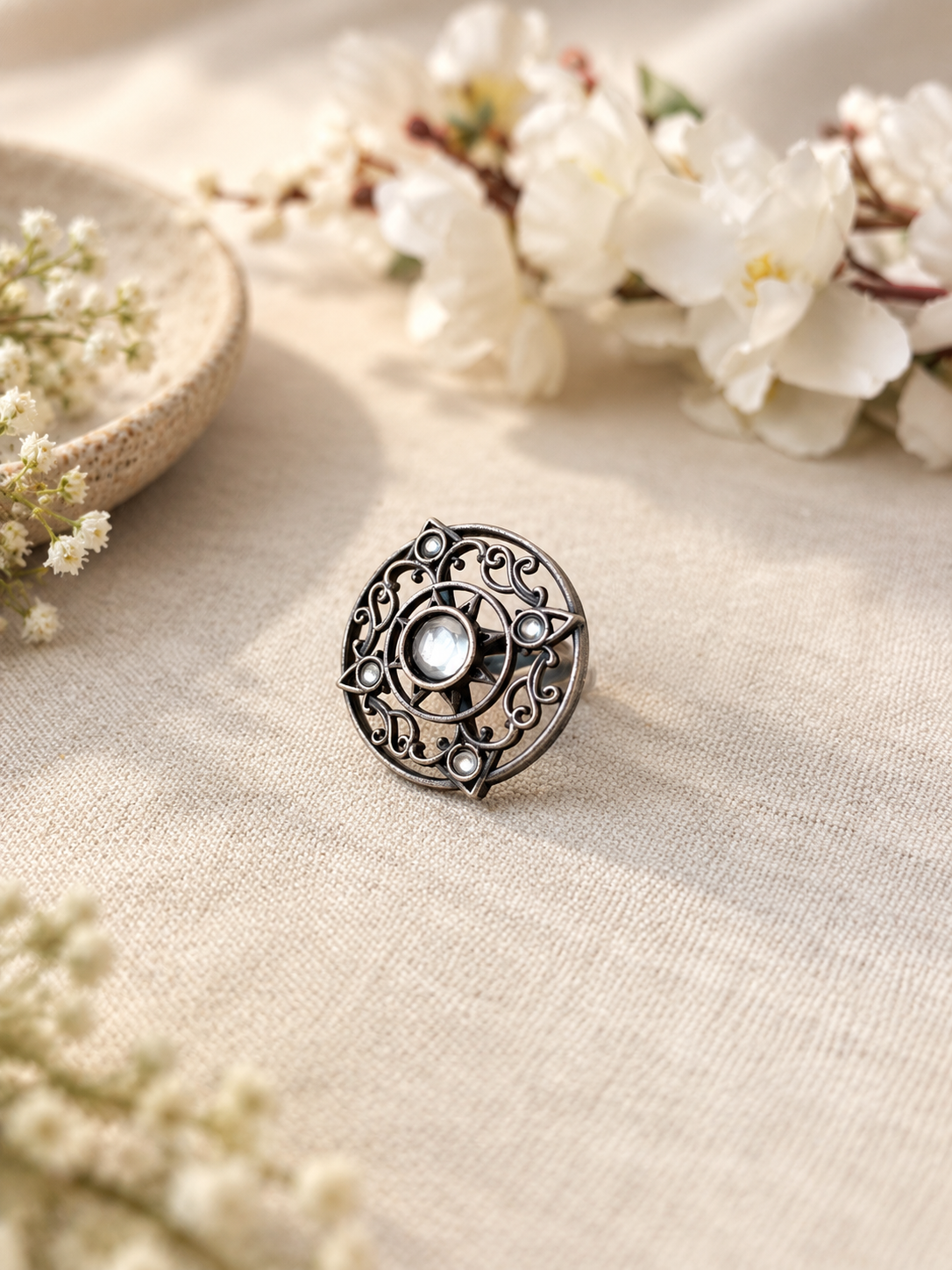 Angakh Oxidised silver  Vintage Circular Scrollwork Statement Ring