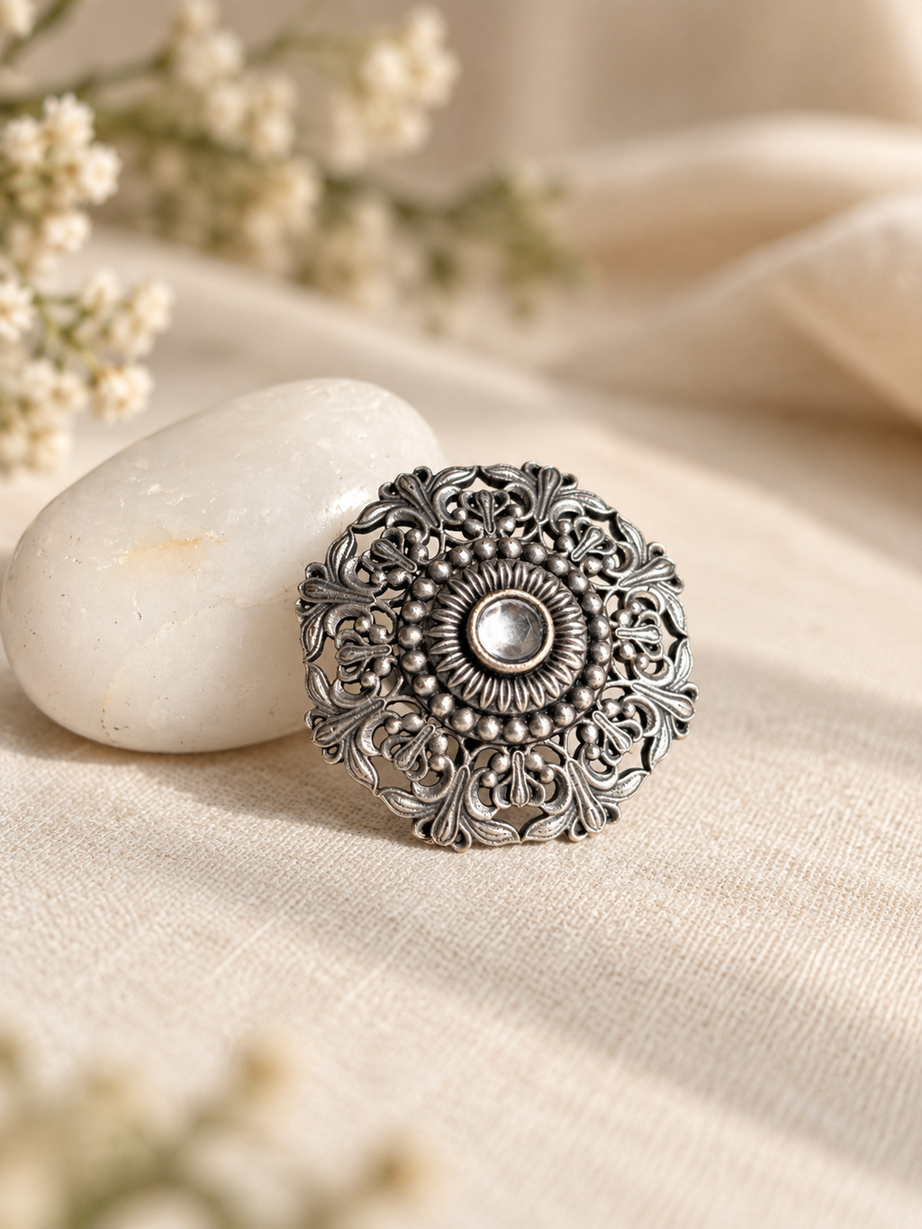 Angakh Oxidised silver  Vintage Filigree Floral Design Ring
