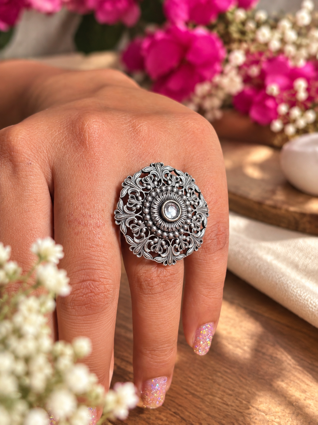 Angakh Oxidised silver  Vintage Filigree Floral Design Ring