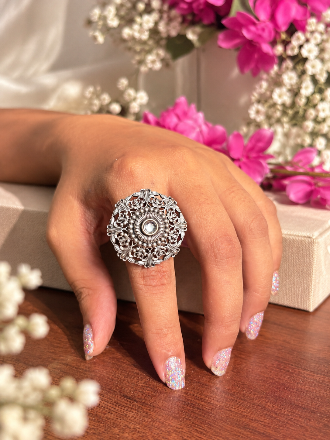 Angakh Oxidised silver  Vintage Filigree Floral Design Ring