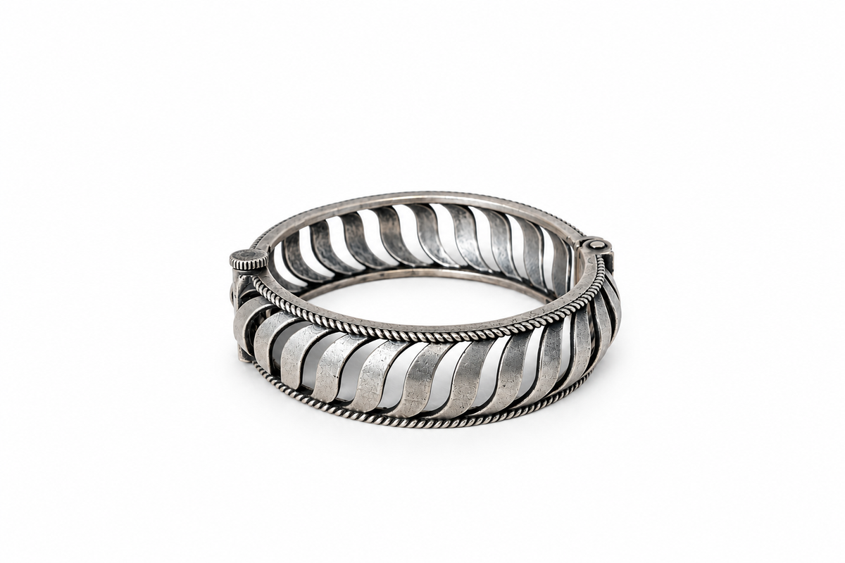 Angakh Oxidized Silver Broad Openwork Curved Slats Statement Kada