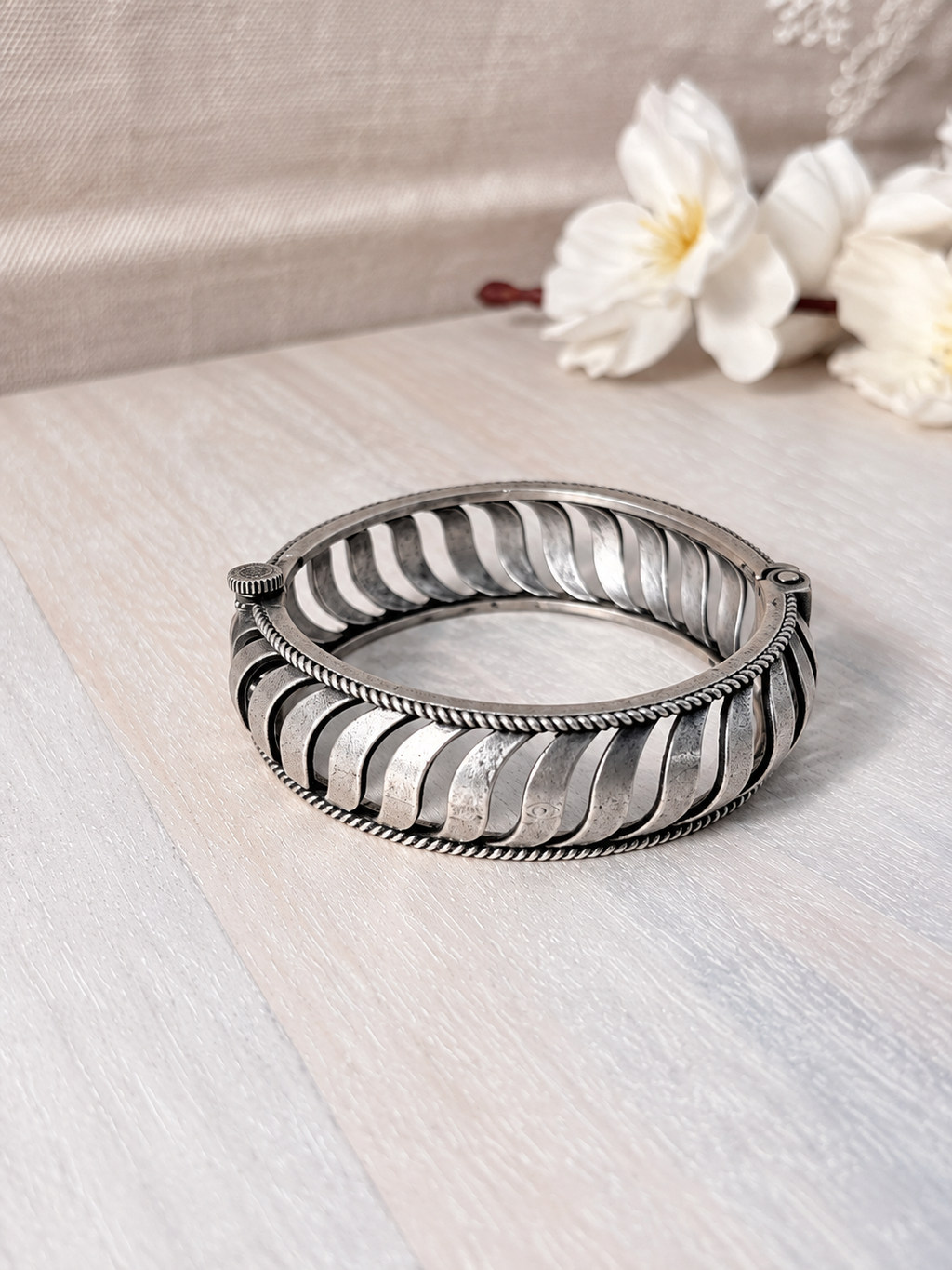 Angakh Oxidized Silver Broad Openwork Curved Slats Statement Kada