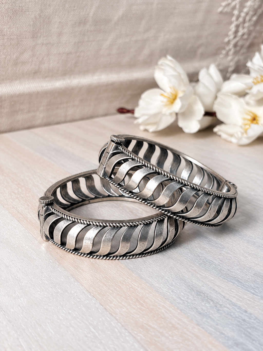 Angakh Oxidized Silver Broad Openwork Curved Slats Statement Kada