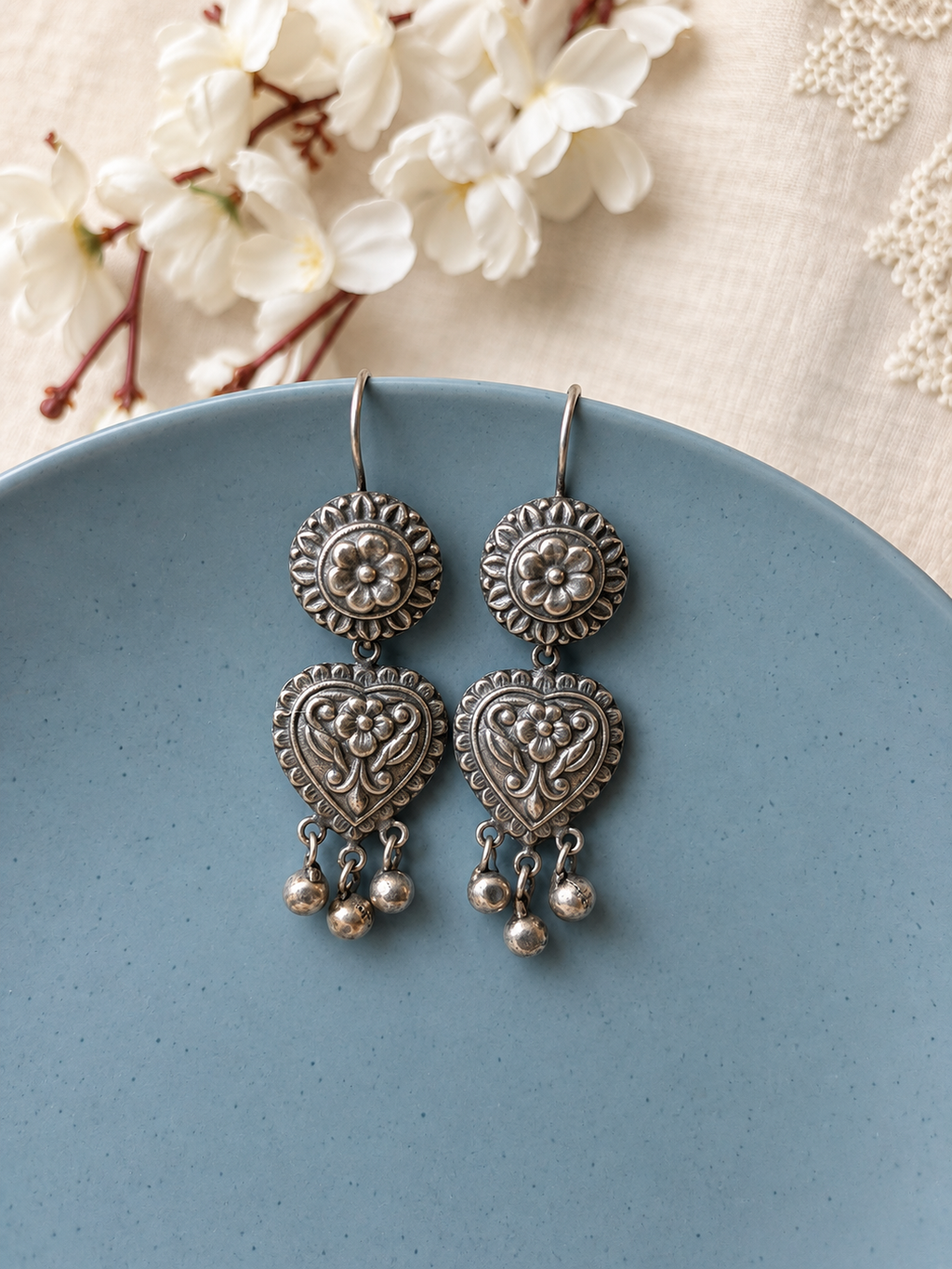 Angakh Oxidised Silver Heart Drop Earrings with Ghungroo