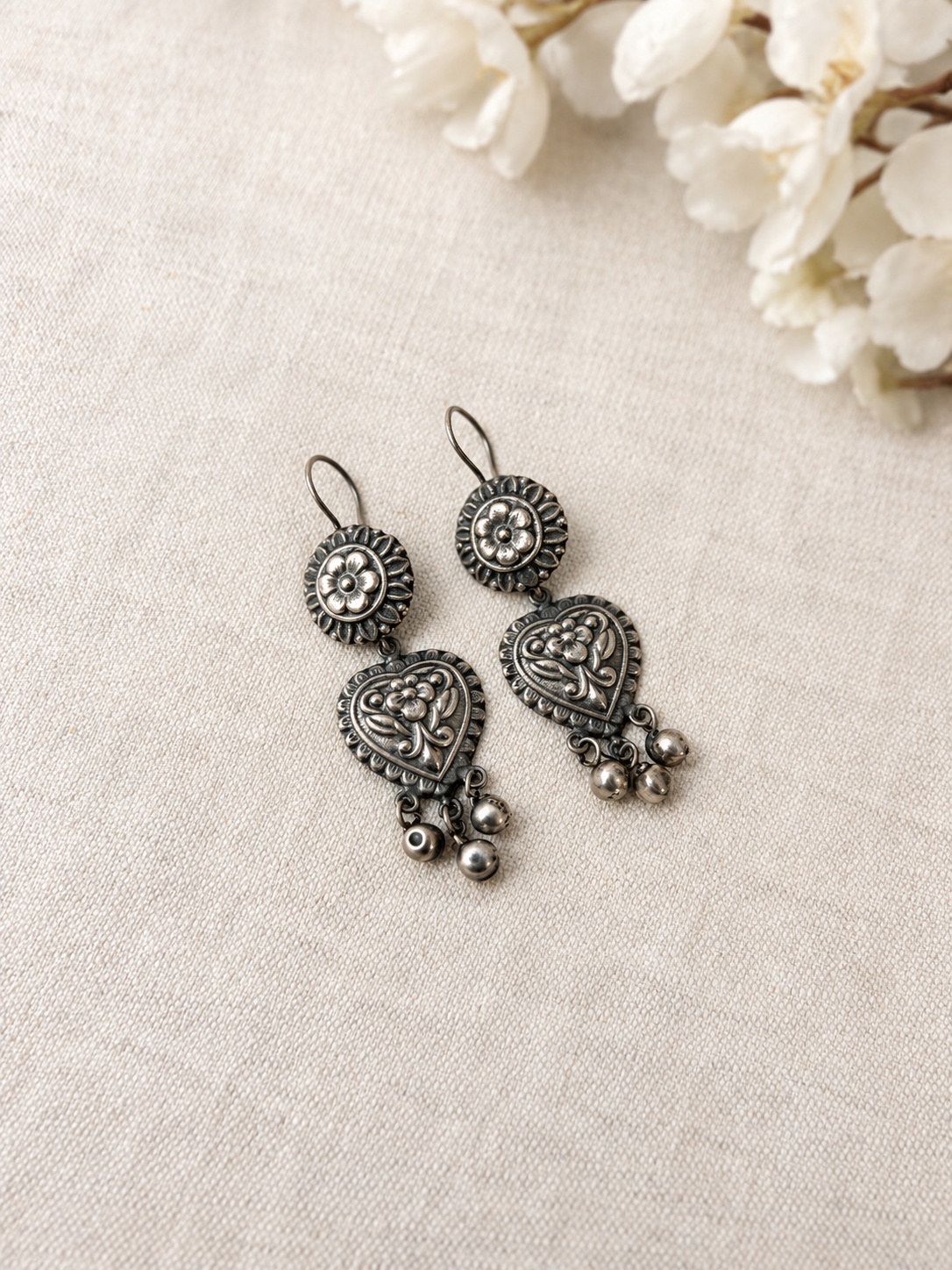 Angakh Oxidised Silver Heart Drop Earrings with Ghungroo