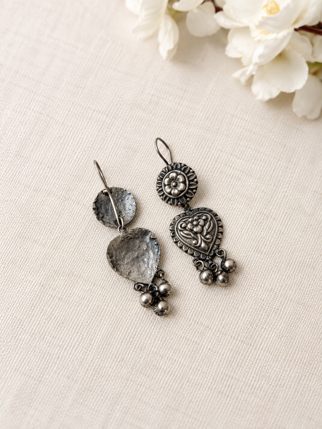Angakh Oxidised Silver Heart Drop Earrings with Ghungroo