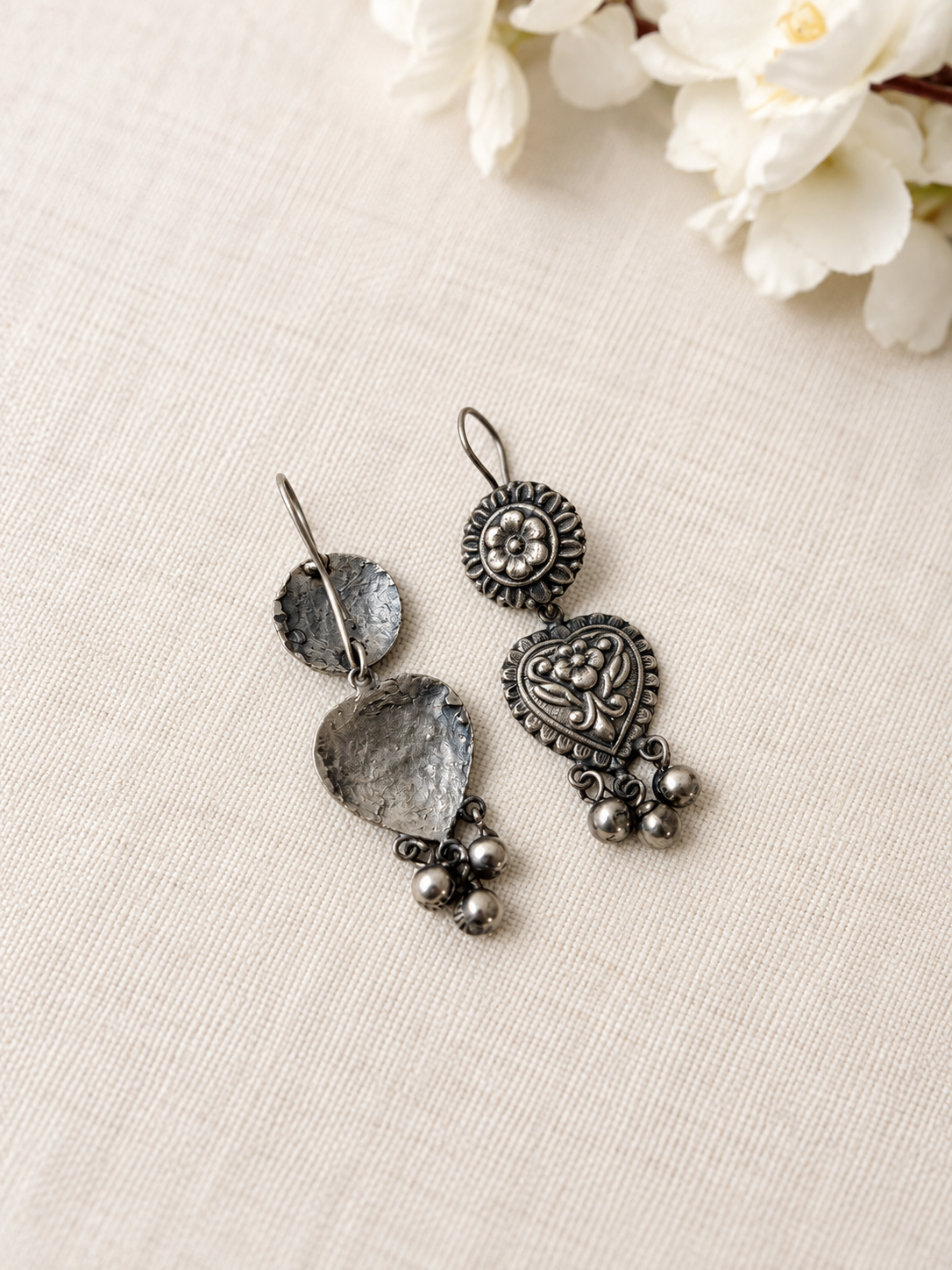 Angakh Oxidised Silver Heart Drop Earrings with Ghungroo