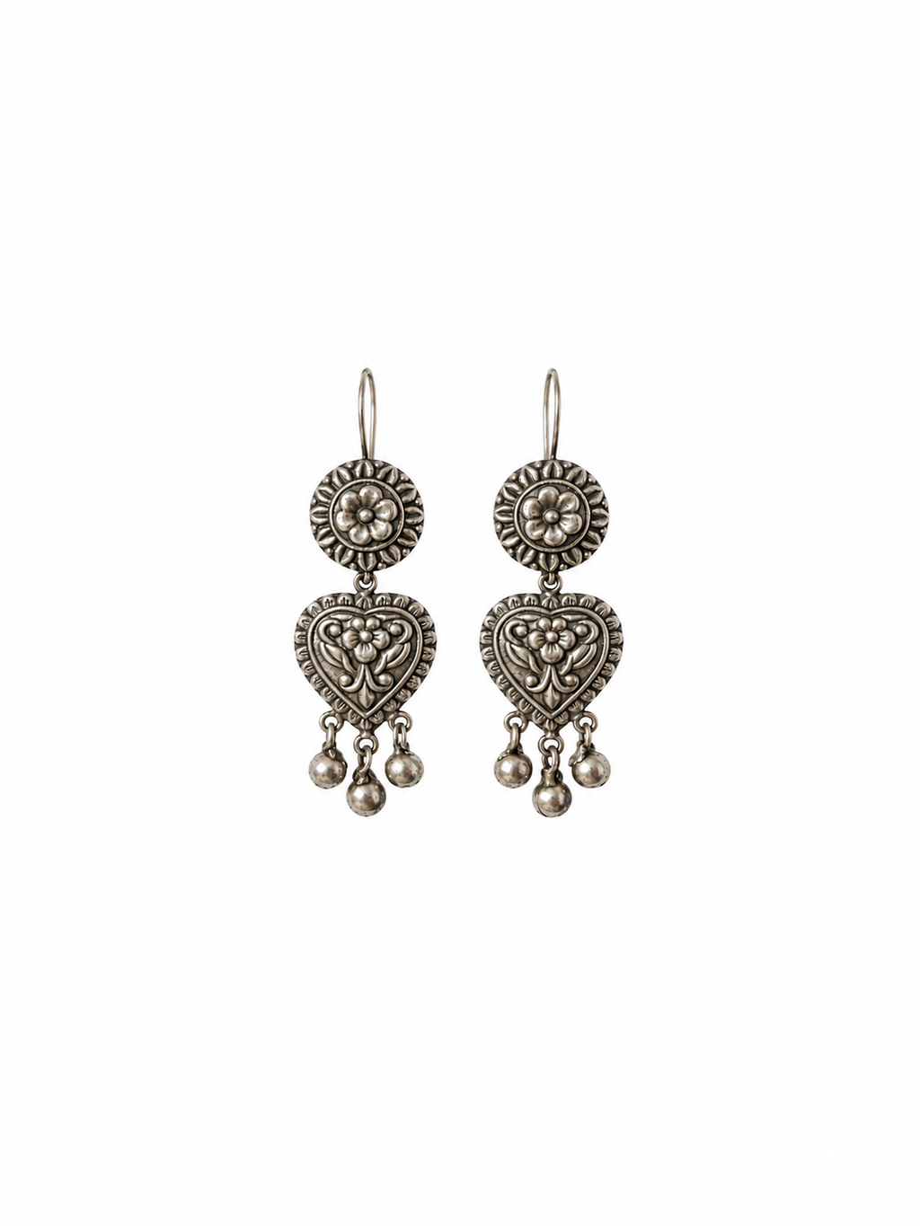 Angakh Oxidised Silver Heart Drop Earrings with Ghungroo