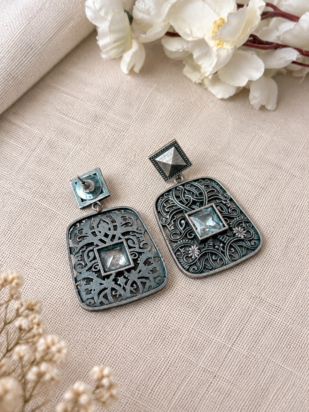 Angakh  Rectangular Filigree Statement Earrings