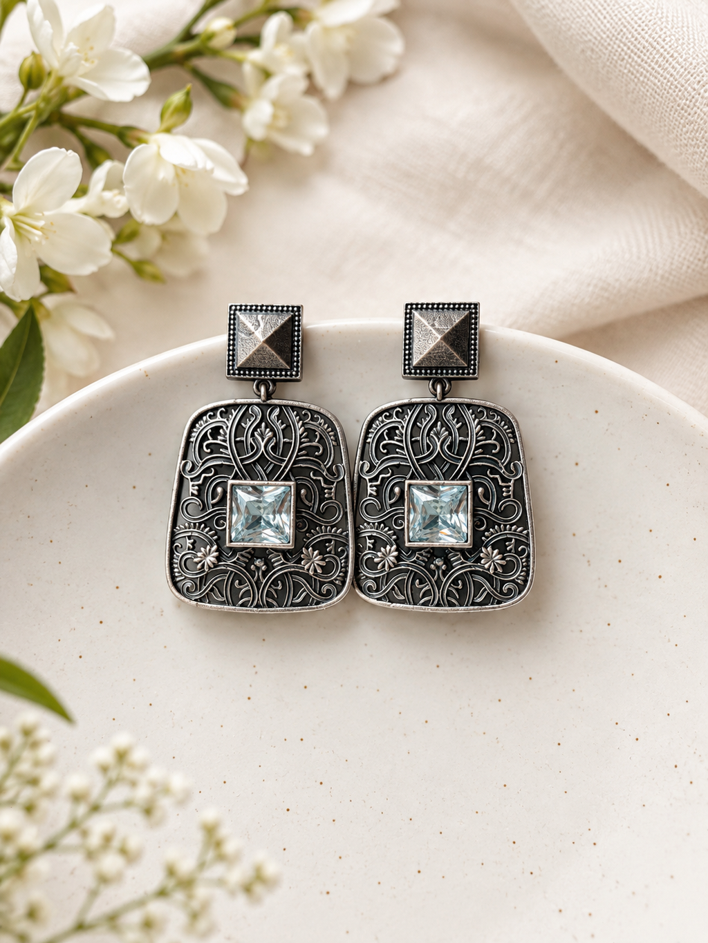 Angakh  Rectangular Filigree Statement Earrings