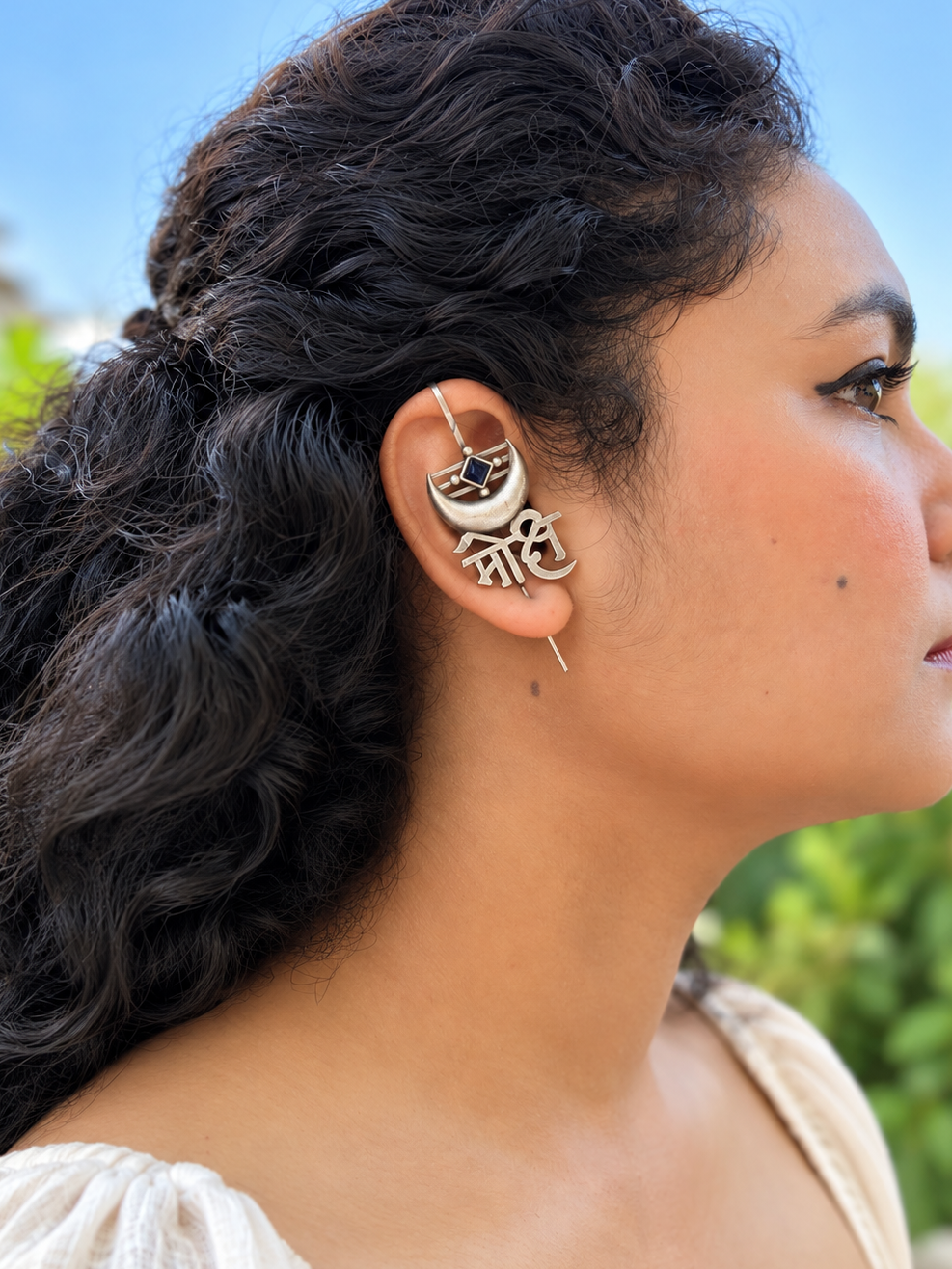 Angakh Oxidised Silver Mahadev Script Ear Cuff with Crescent Moon for Women