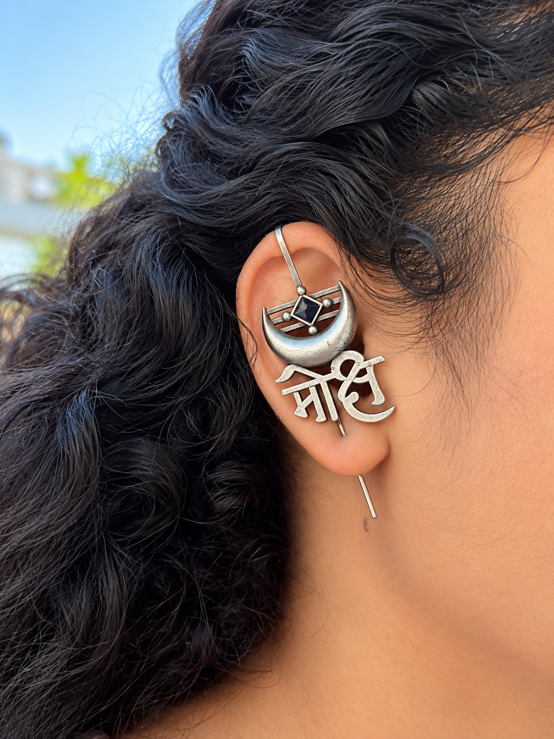 Angakh Oxidised Silver Mahadev Script Ear Cuff with Crescent Moon for Women