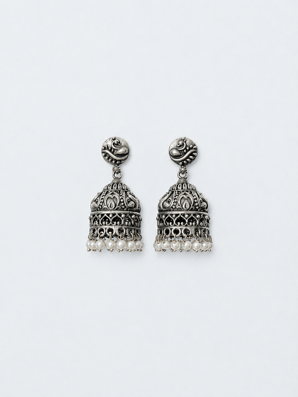 Angakh Oxidized Silver Peacock Motif Dome Jhumka Earrings