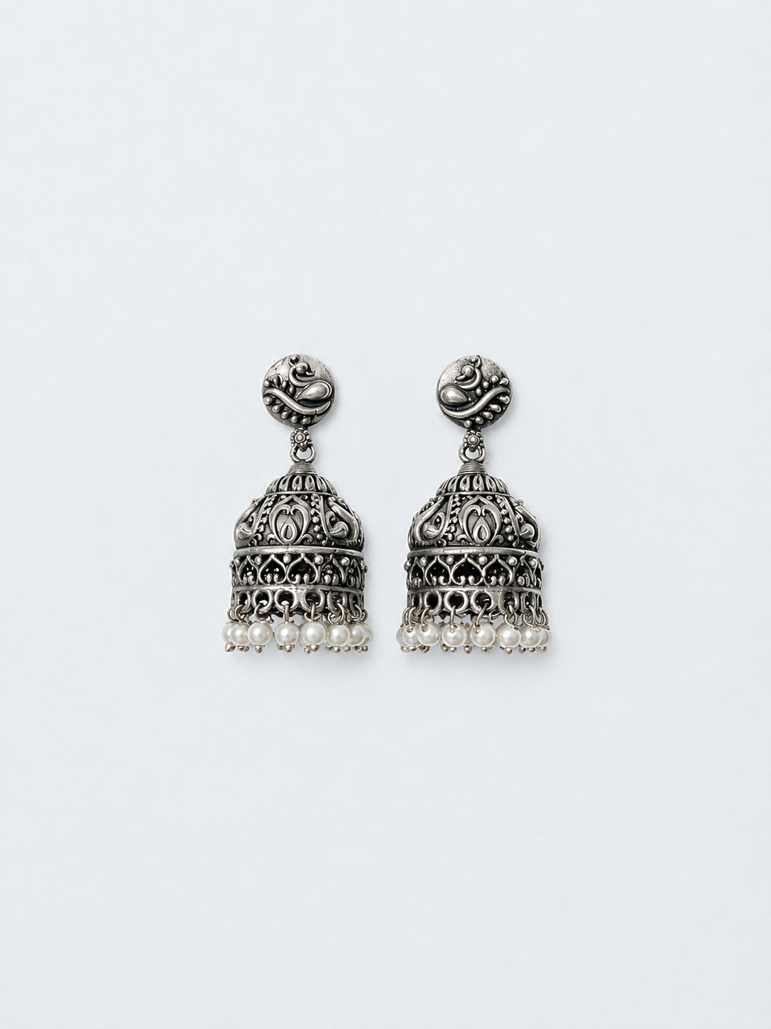 Angakh Oxidized Silver Peacock Motif Dome Jhumka Earrings