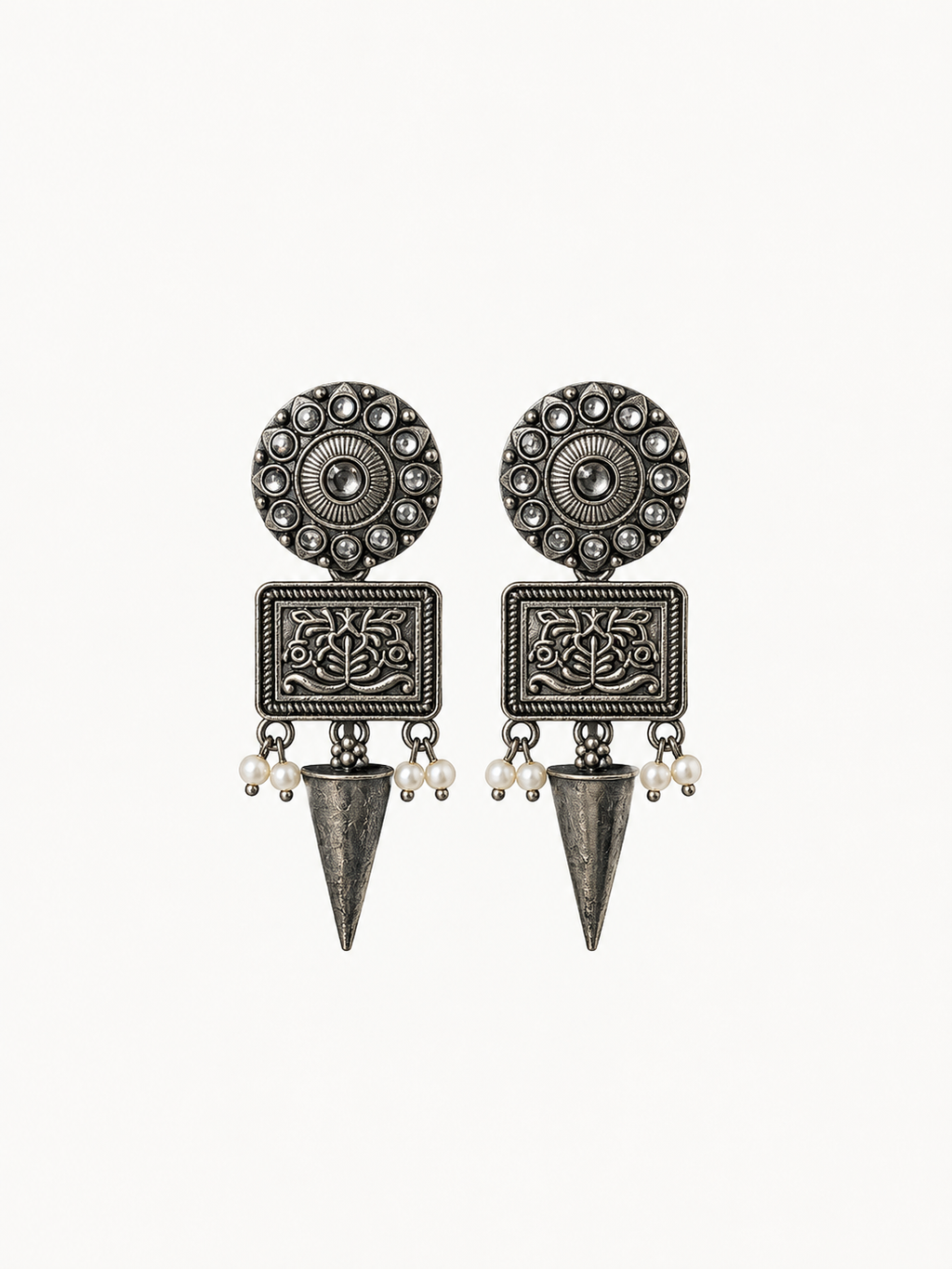 Angakh Oxidised Silver Tribal Cone Drop Earrings