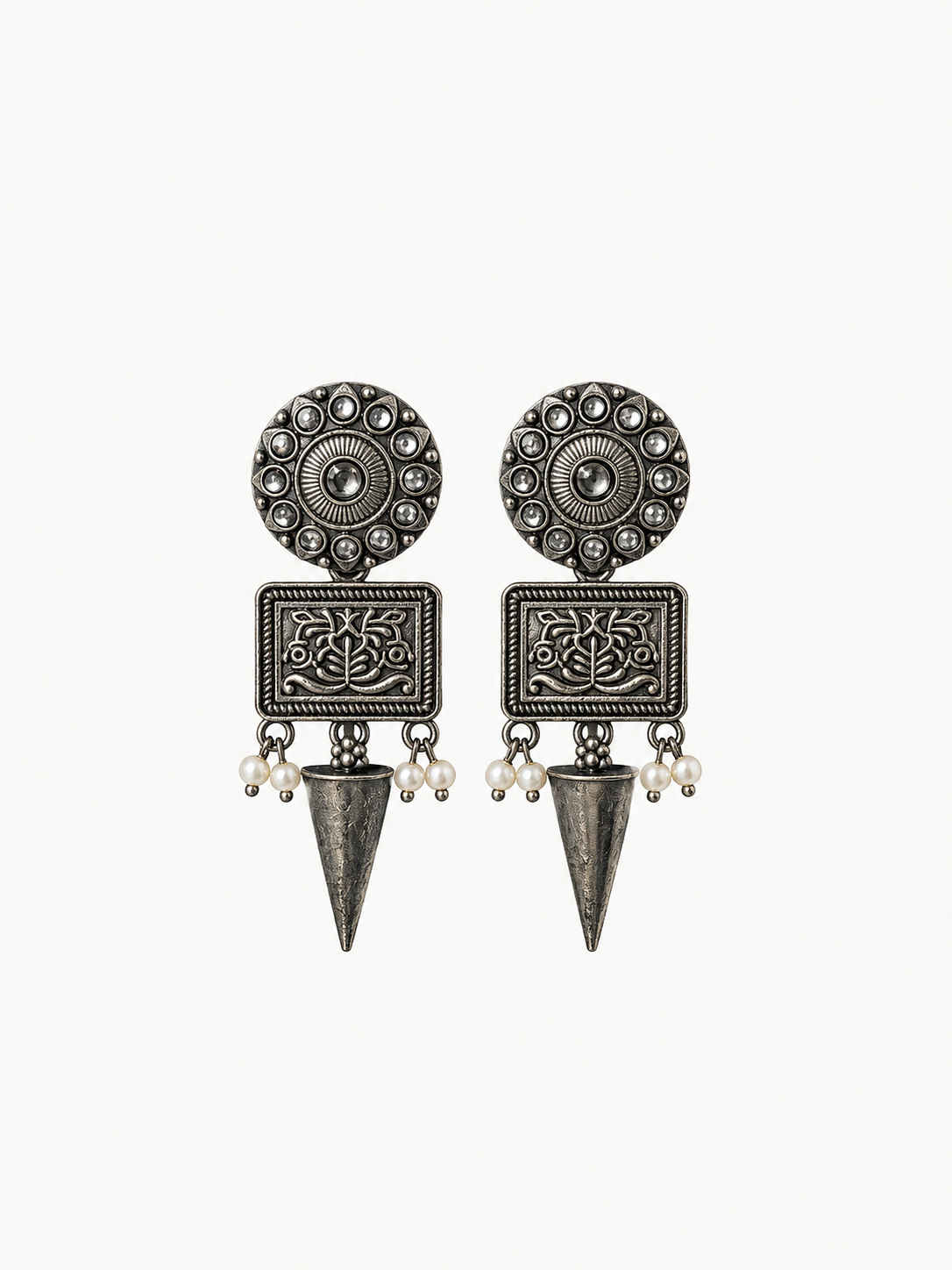 Angakh Oxidised Silver Tribal Cone Drop Earrings