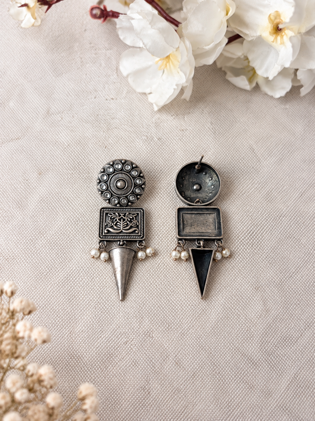 Angakh Oxidised Silver Tribal Cone Drop Earrings