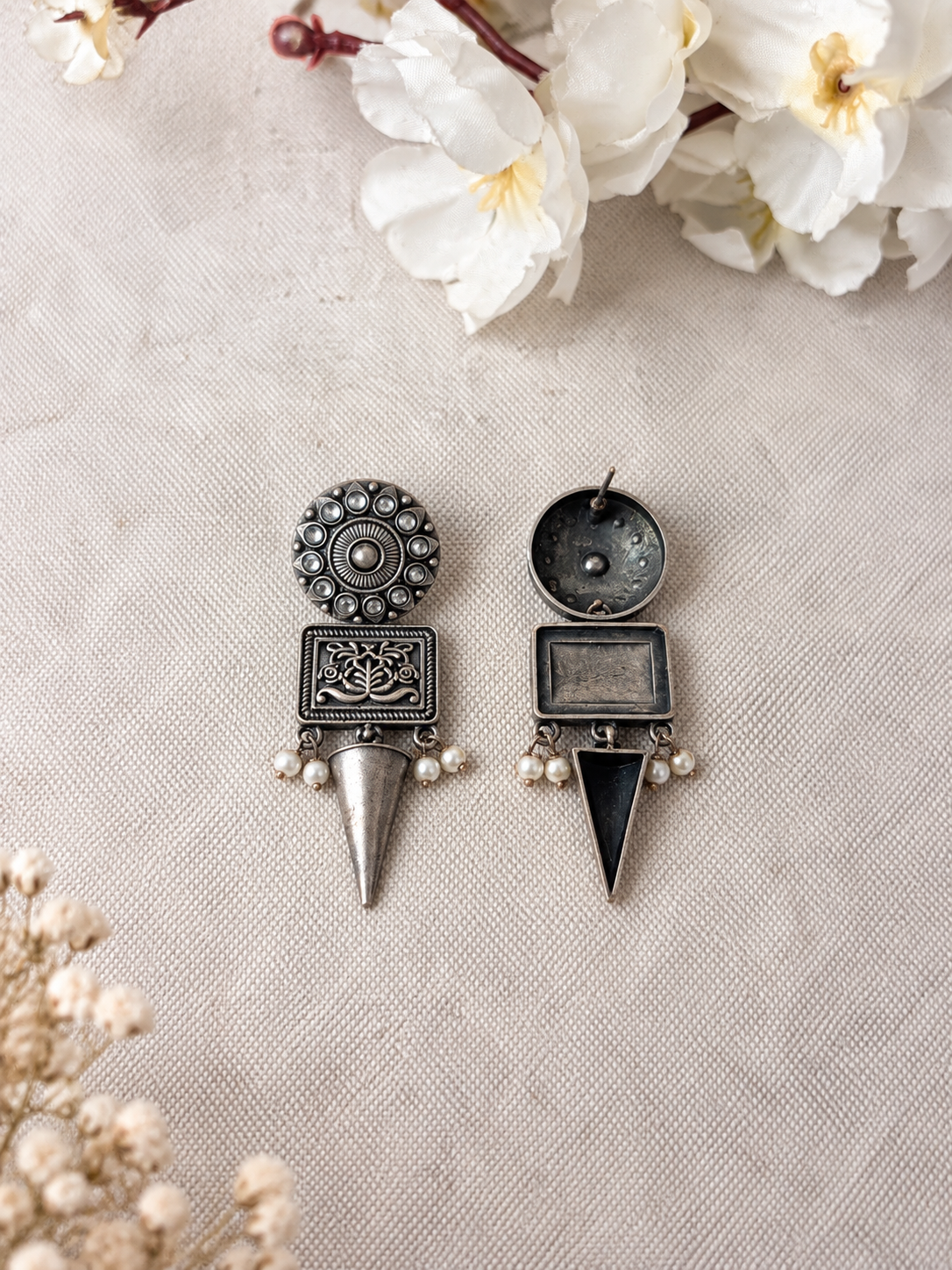 Angakh Oxidised Silver Tribal Cone Drop Earrings
