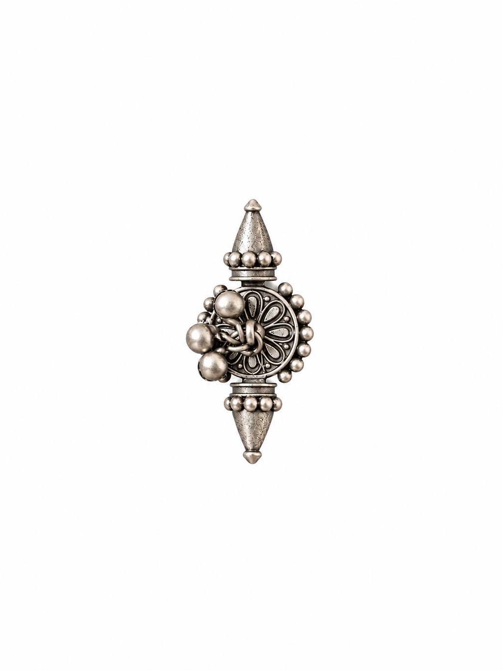 Angakh Oxidized Silver Sunburst Chakra  with Conical Sides & Ghunghru Cluster.
