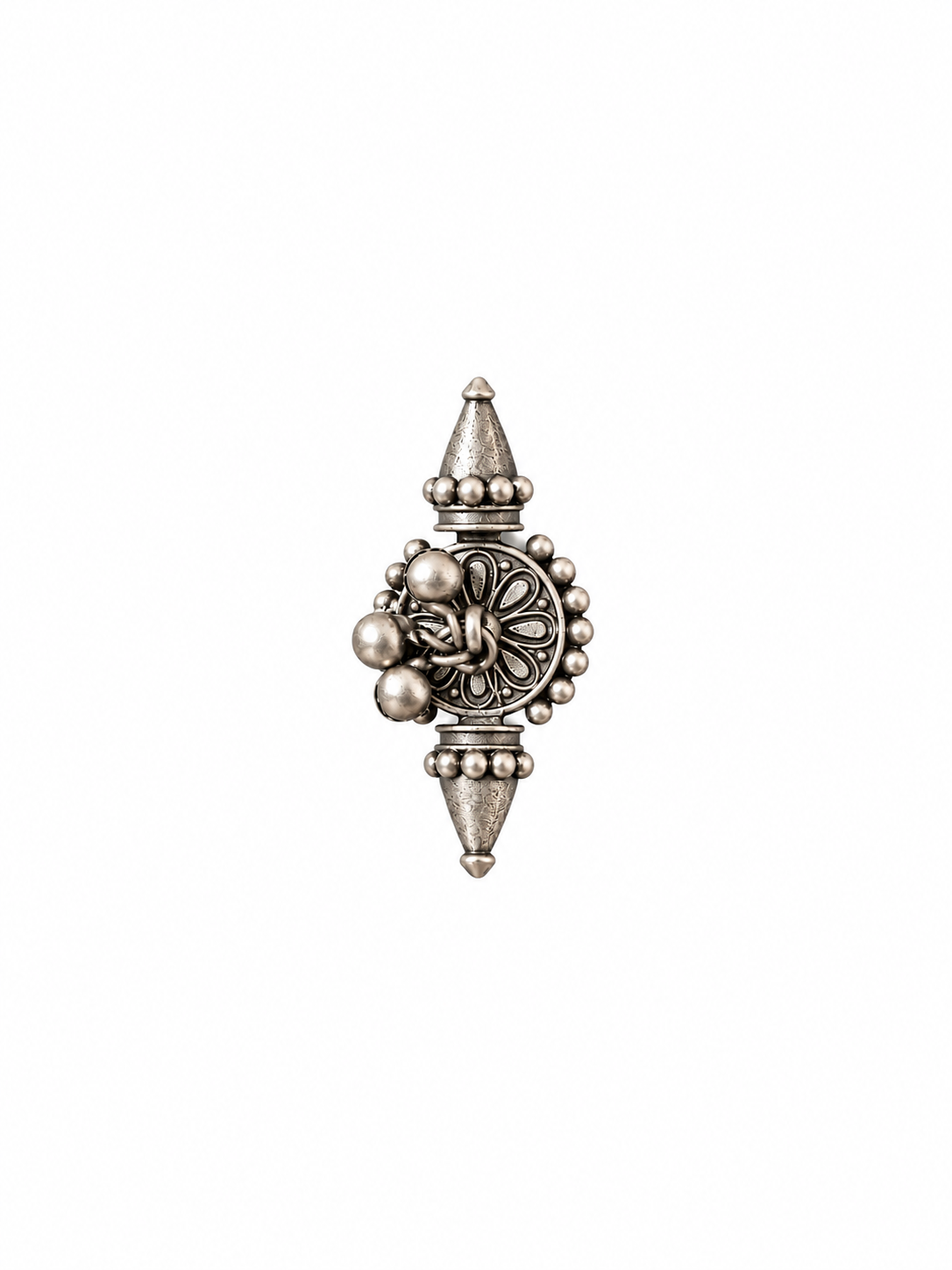 Angakh Oxidized Silver Sunburst Chakra  with Conical Sides & Ghunghru Cluster.