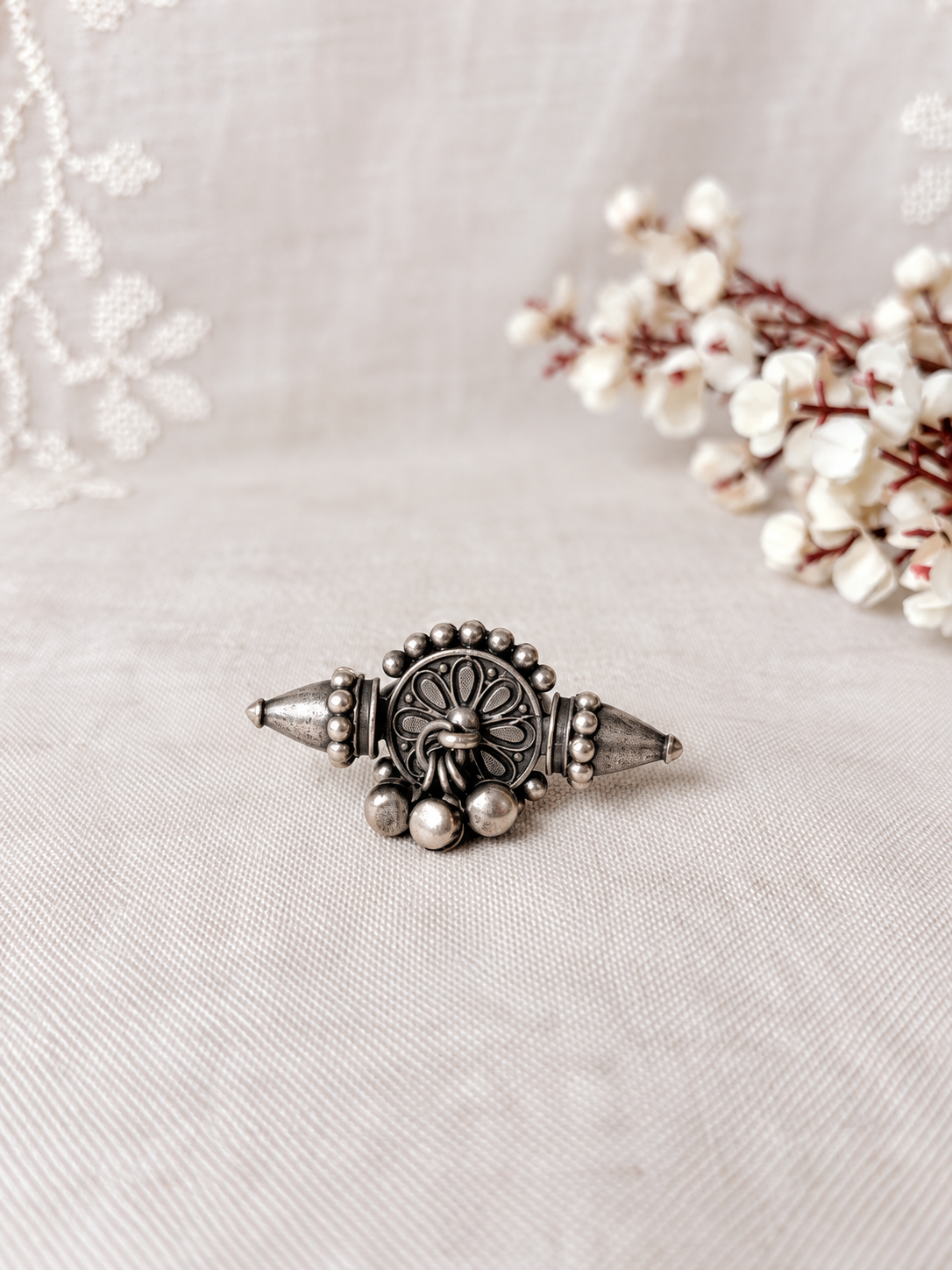 Angakh Oxidized Silver Sunburst Chakra  with Conical Sides & Ghunghru Cluster.