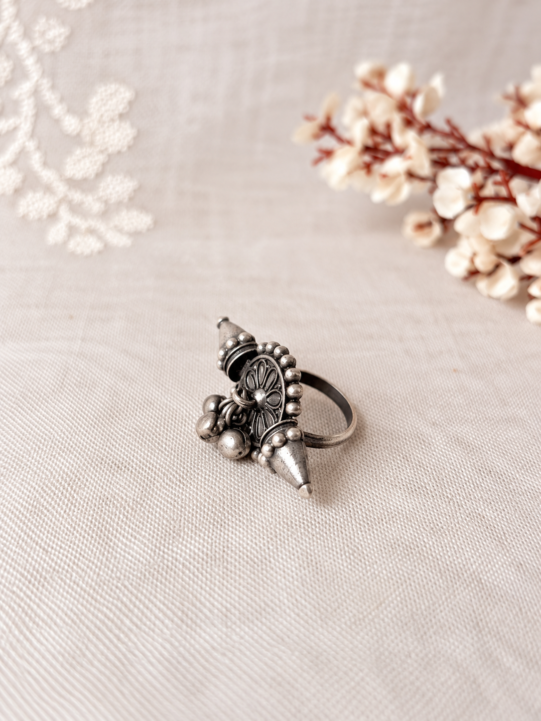 Angakh Oxidized Silver Sunburst Chakra  with Conical Sides & Ghunghru Cluster.