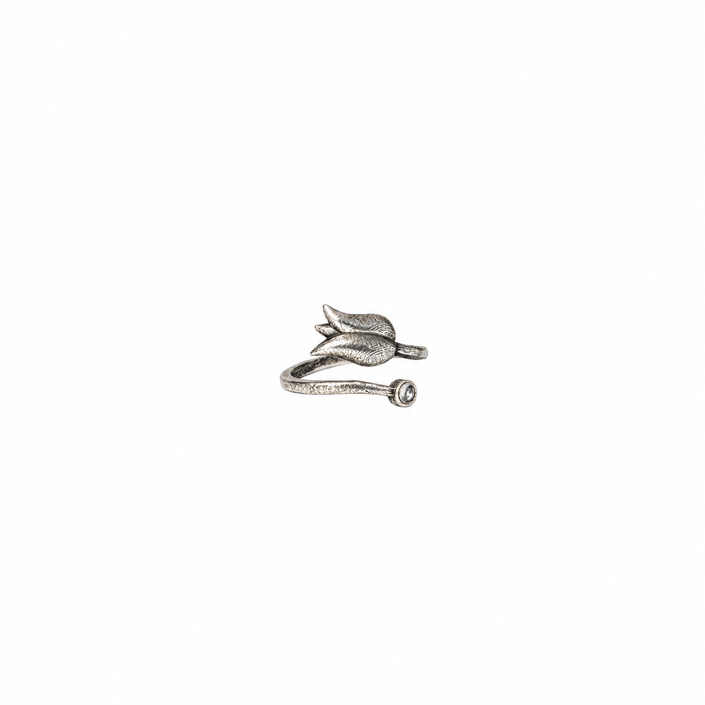 Angakh Oxidized Silver Tulip Flower Wrap Ring with Small Clear Stone Accent