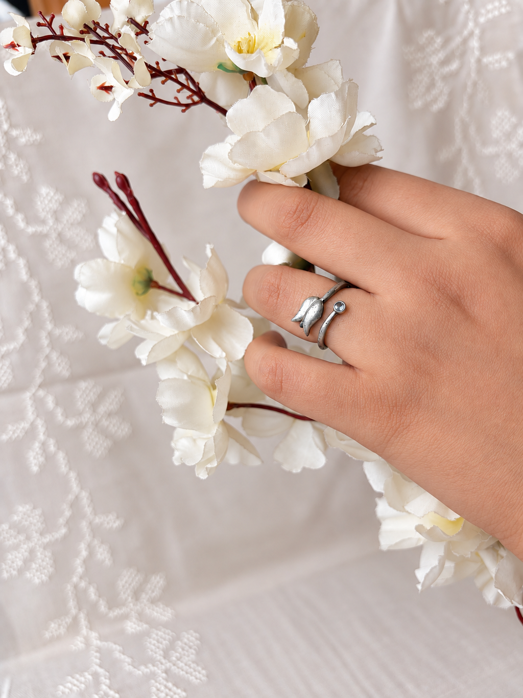 Angakh Oxidized Silver Tulip Flower Wrap Ring with Small Clear Stone Accent