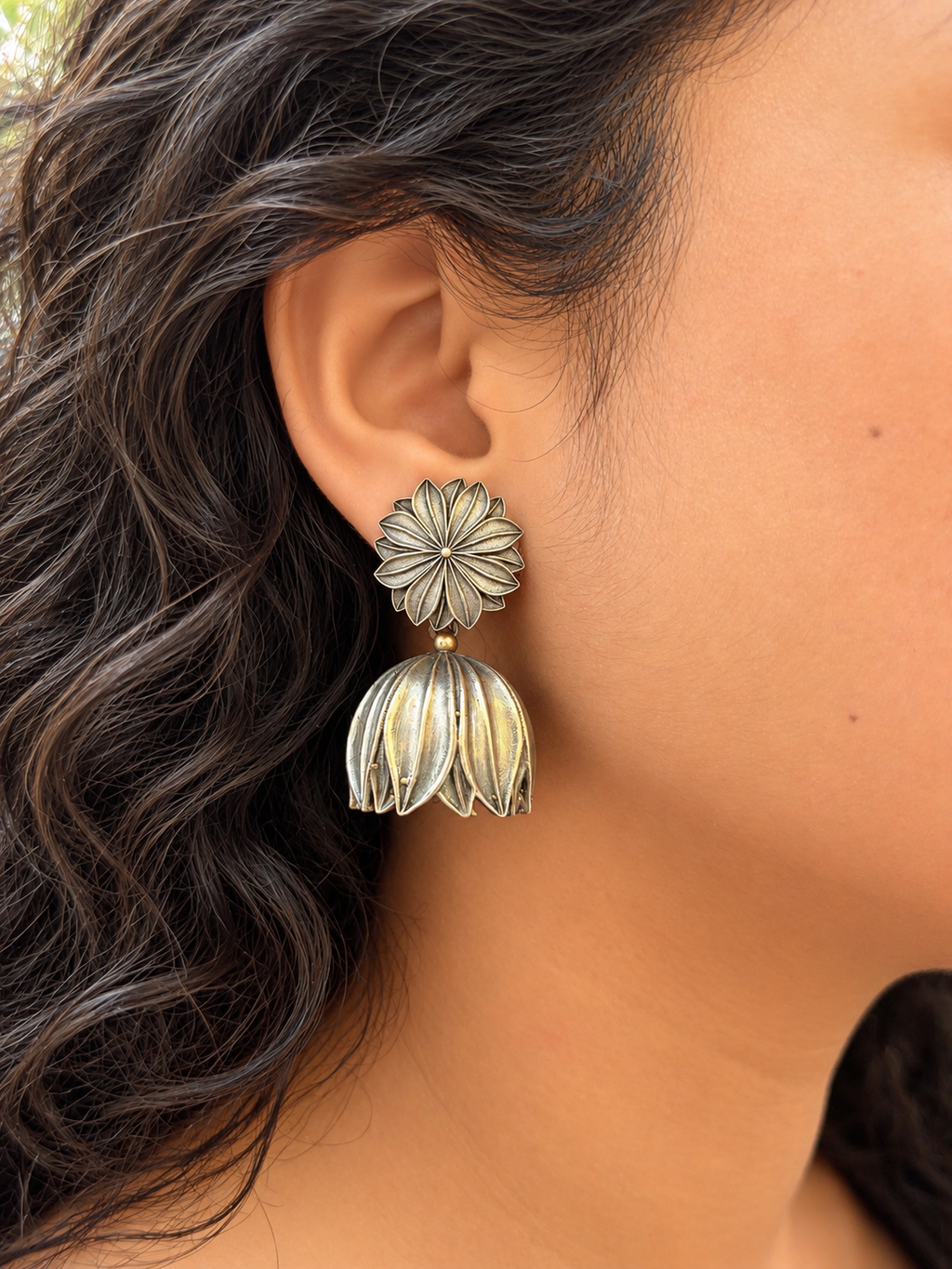 Angakh Oxidised Silver Lotus Petal Dome Jhumka