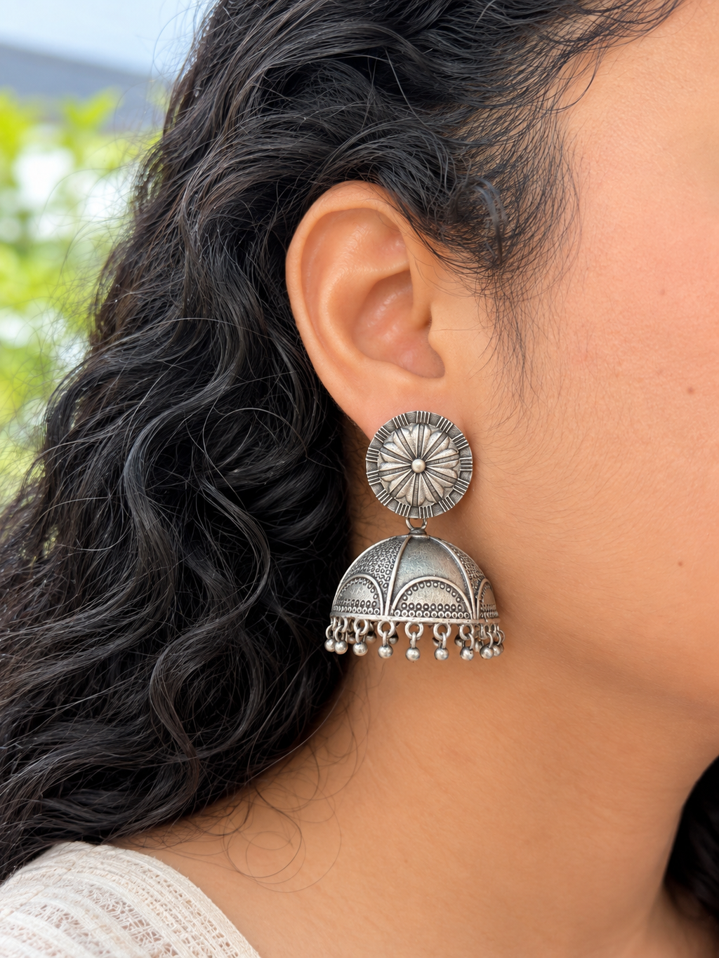 Angakh Oxidized Silver  Floral Dome Jhumka Earrings
