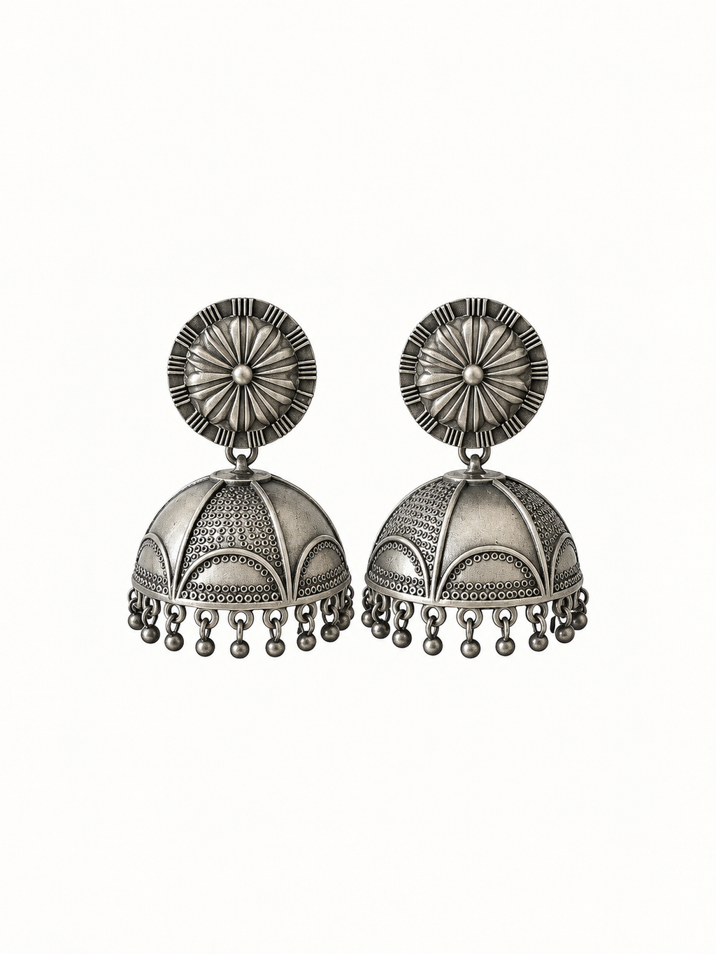 Angakh Oxidized Silver  Floral Dome Jhumka Earrings