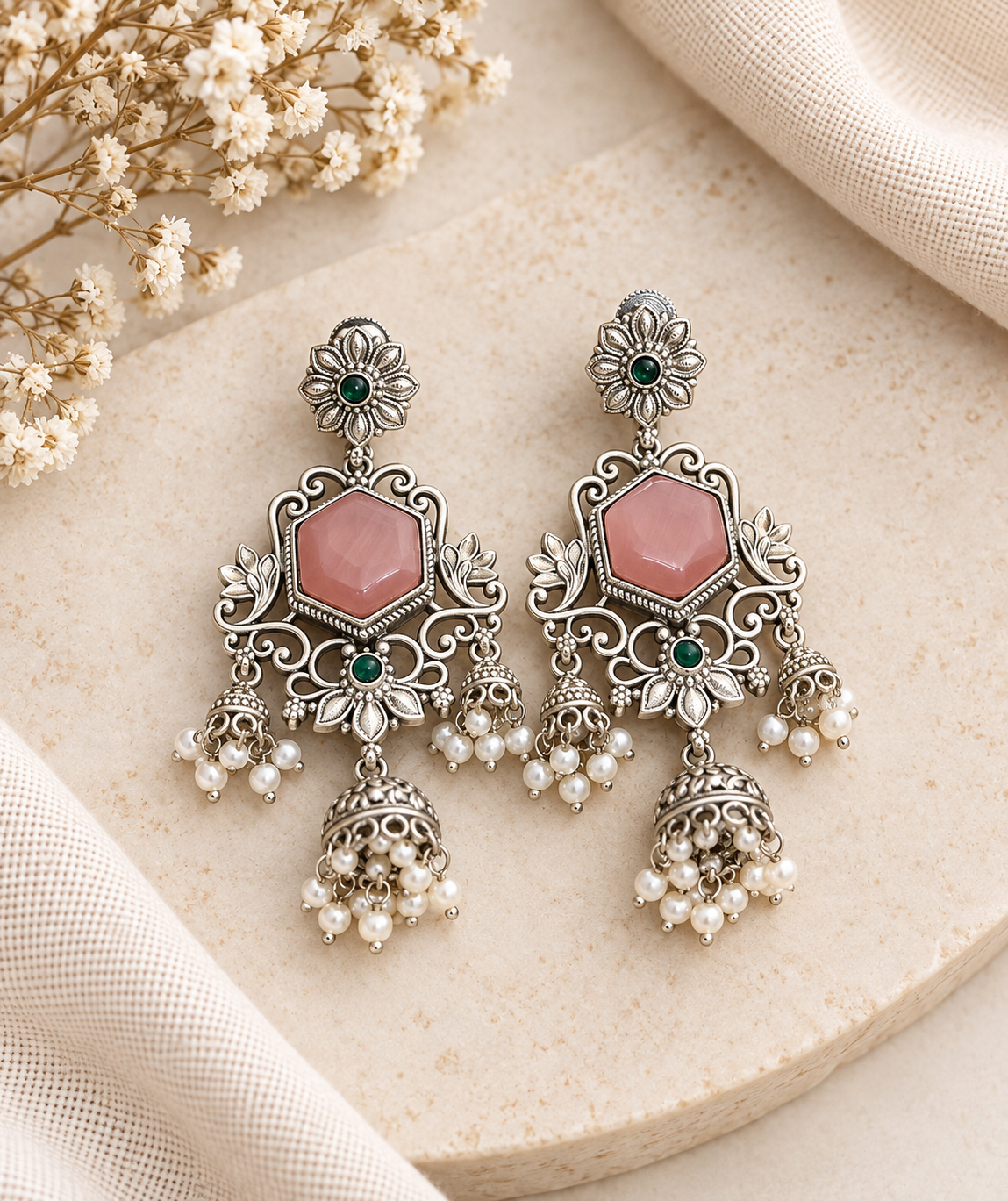 Angakh Statement Chandelier Earrings with Mini Jhumka & Pearl Drop