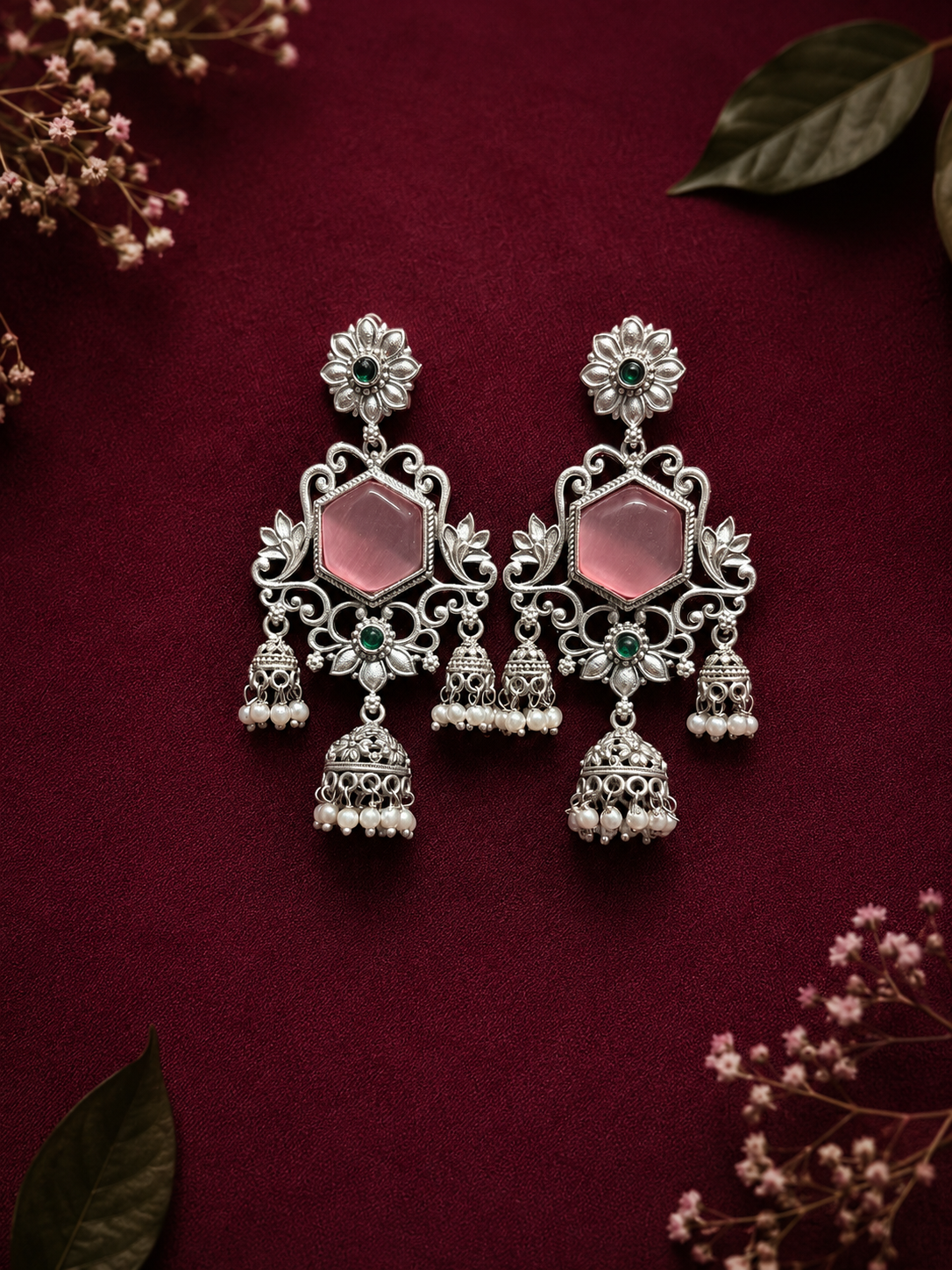 Angakh Statement Chandelier Earrings with Mini Jhumka & Pearl Drop