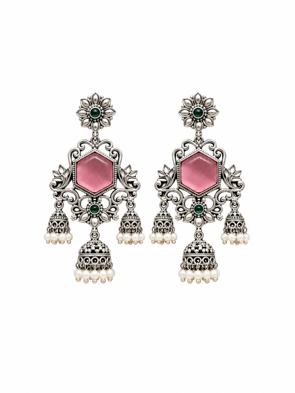 Angakh Statement Chandelier Earrings with Mini Jhumka & Pearl Drop