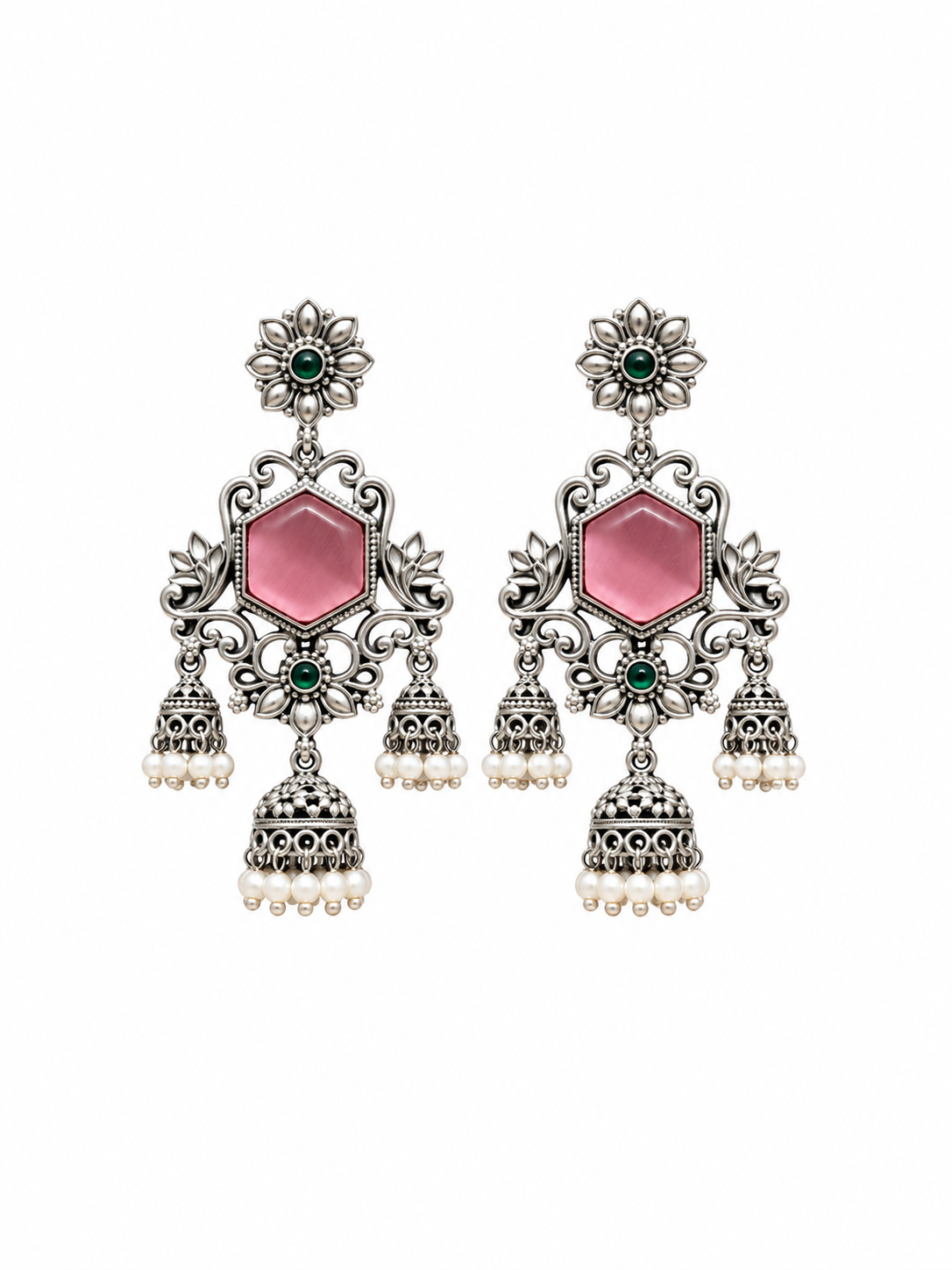 Angakh Statement Chandelier Earrings with Mini Jhumka & Pearl Drop