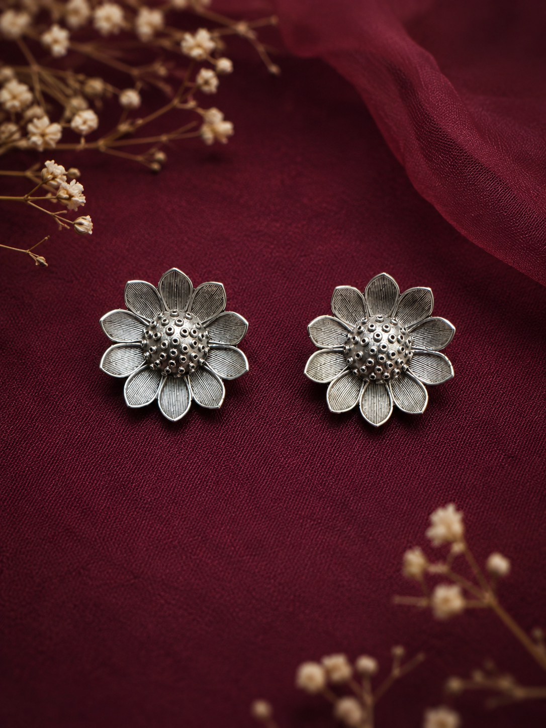Angakh Silver Plated Layered Flower Stud Earrings