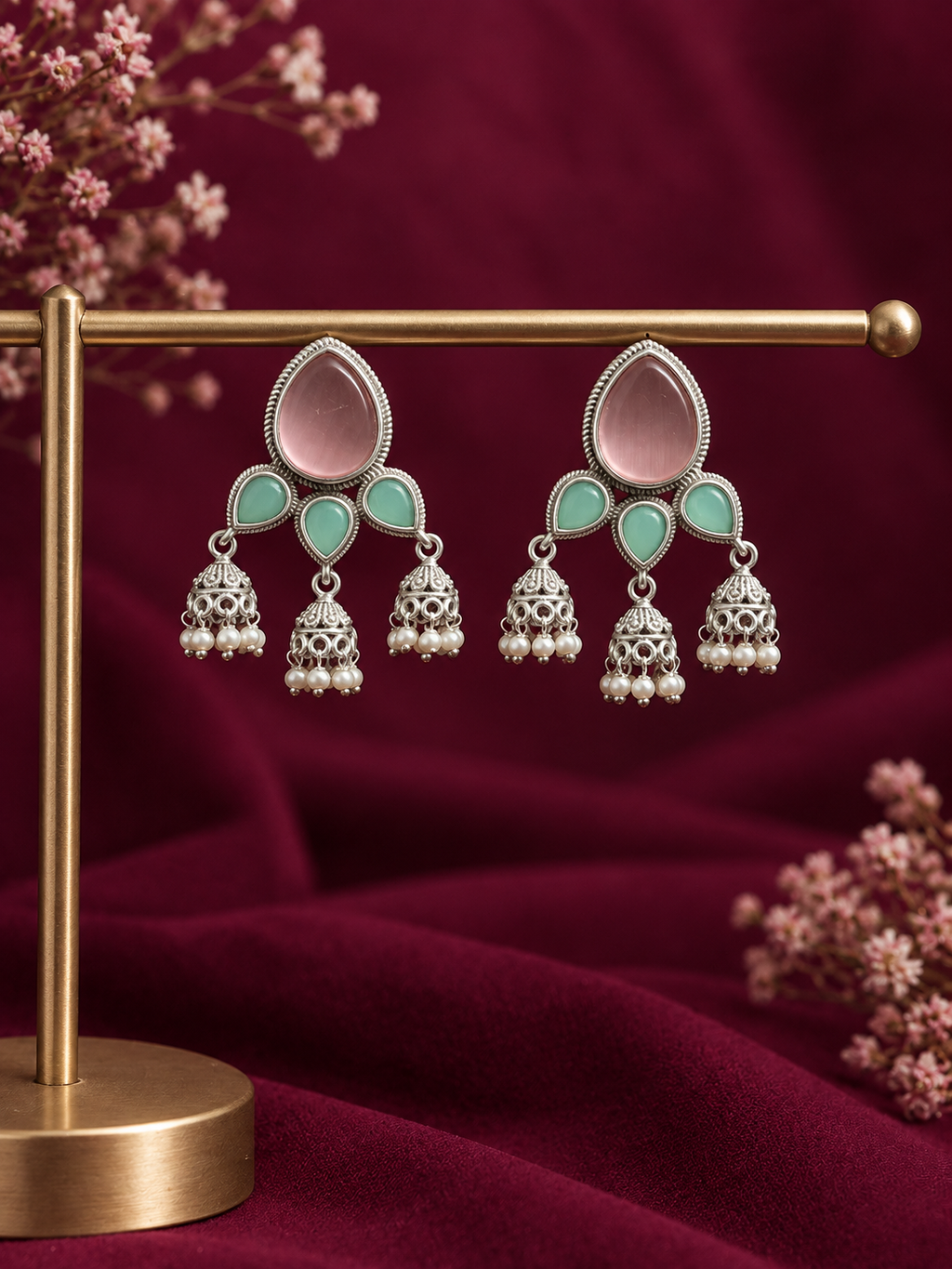 Angakh Teardrop Statement Earrings with Triple Jhumka Pearl Drops