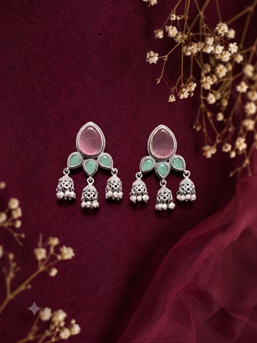 Angakh Teardrop Statement Earrings with Triple Jhumka Pearl Drops