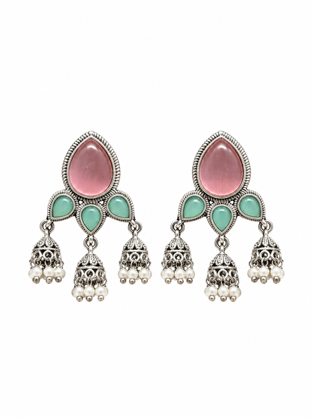 Angakh Teardrop Statement Earrings with Triple Jhumka Pearl Drops