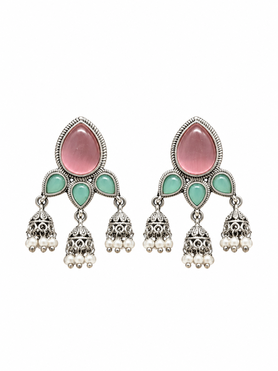 Angakh Teardrop Statement Earrings with Triple Jhumka Pearl Drops