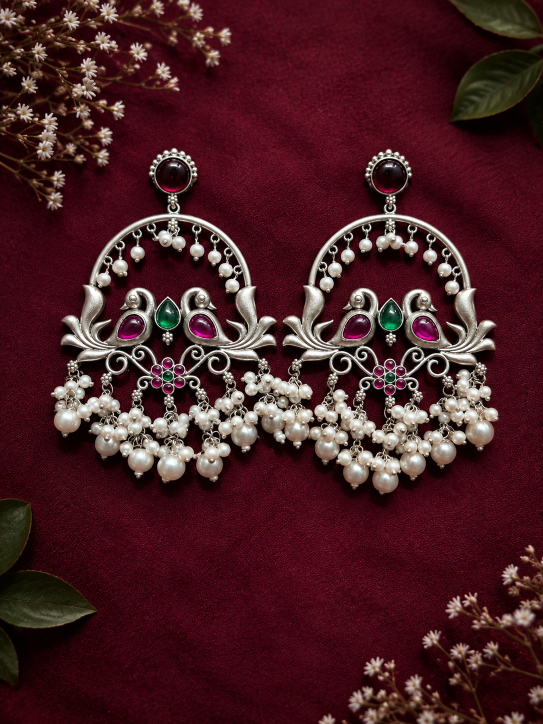 Angakh Twin Peacock Motif Chandbali Earrings