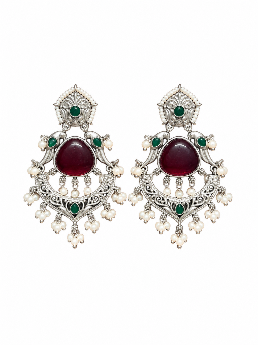 Angakh Ruby Red & Emerald Green Stone Chandbali Dangler Earrings