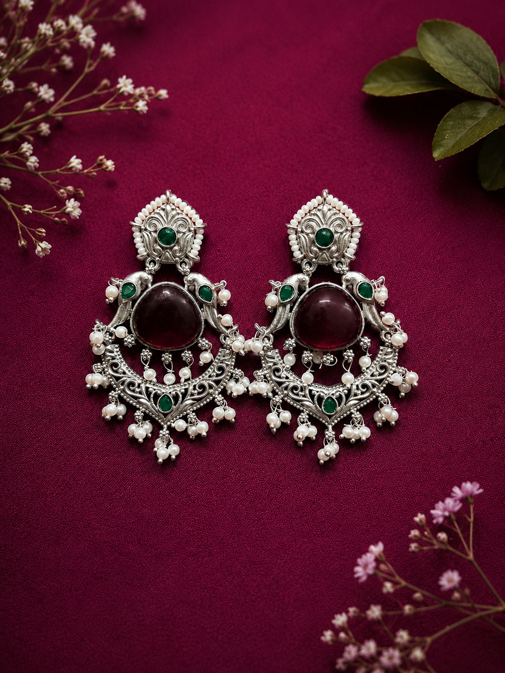 Angakh Ruby Red & Emerald Green Stone Chandbali Dangler Earrings