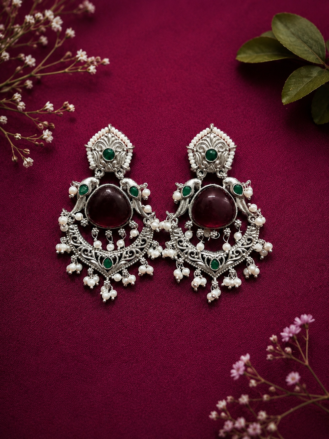 Angakh Ruby Red & Emerald Green Stone Chandbali Dangler Earrings