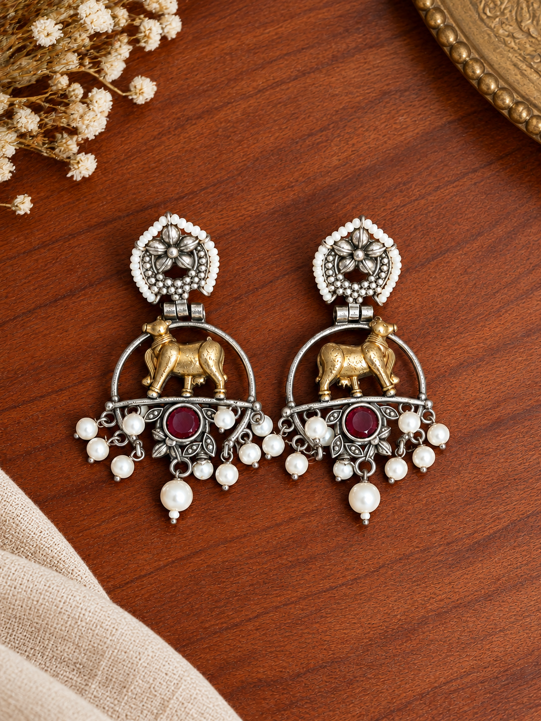 Angakh Pichwai Sacred Cow Dual tone Oxidised Silver Dangle Earrings