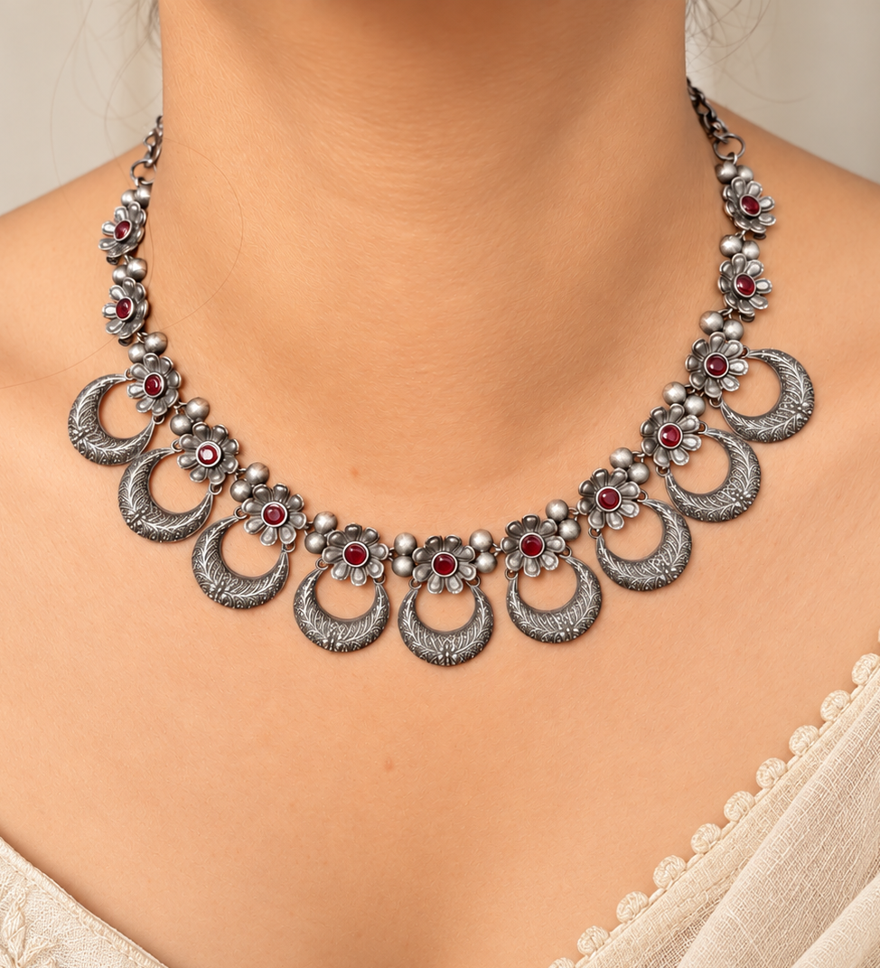 Angakh Antique Oxidised Silver Crescent Moon Choker Necklace & Stud Earrings Set