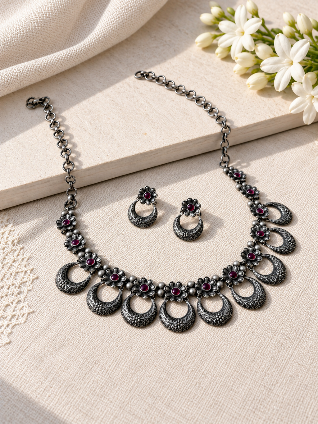Angakh Antique Oxidised Silver Crescent Moon Choker Necklace & Stud Earrings Set