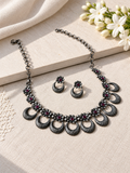 Angakh Antique Oxidised Silver Crescent Moon Choker Necklace & Stud Earrings Set
